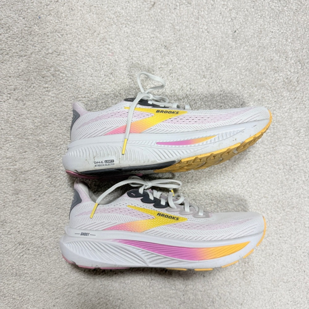 Brooks Womens 8 Ghost 17 Max Running Shoes White Pink Yellow - Picture 2 of 10